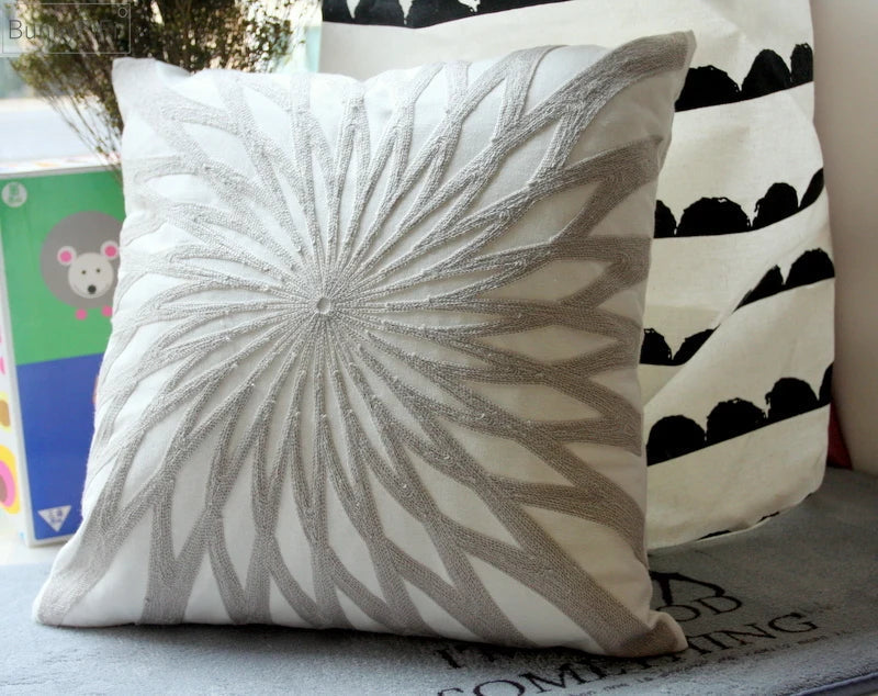 DecorBites™ Geometric Embroidered Cushion Cover Light Grey Cotton 45x45cm