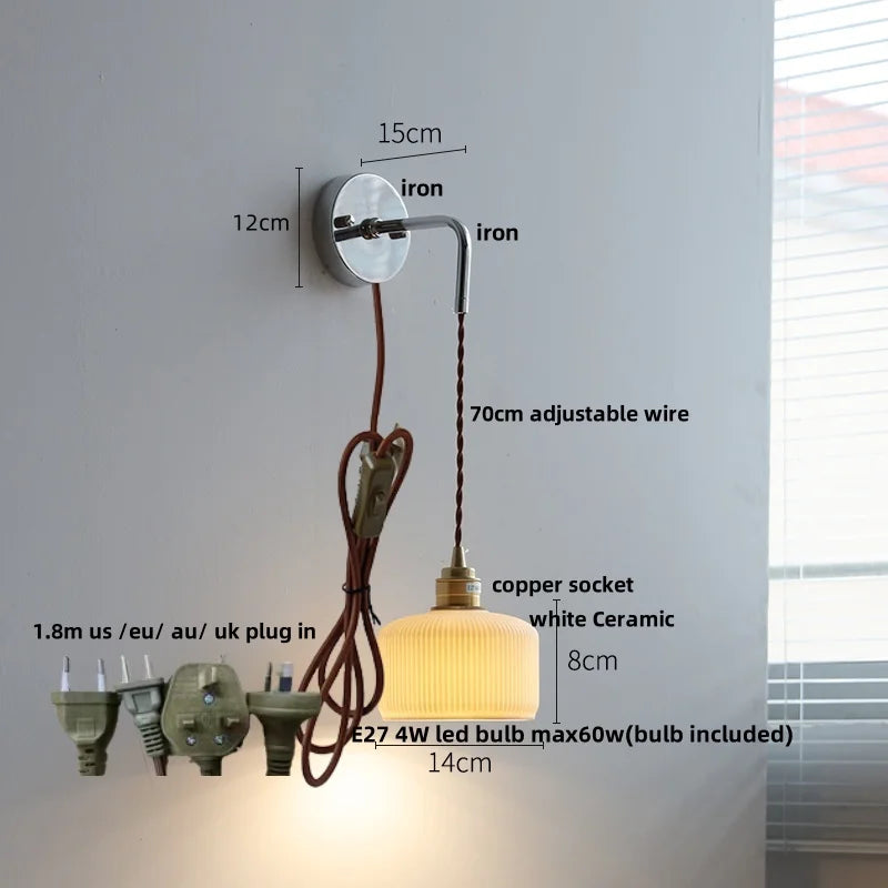 DecorBites™ Ceramic LED Wall Sconce Pull Chain Switch Bedside Lamp White Nordic Modern Fixtures