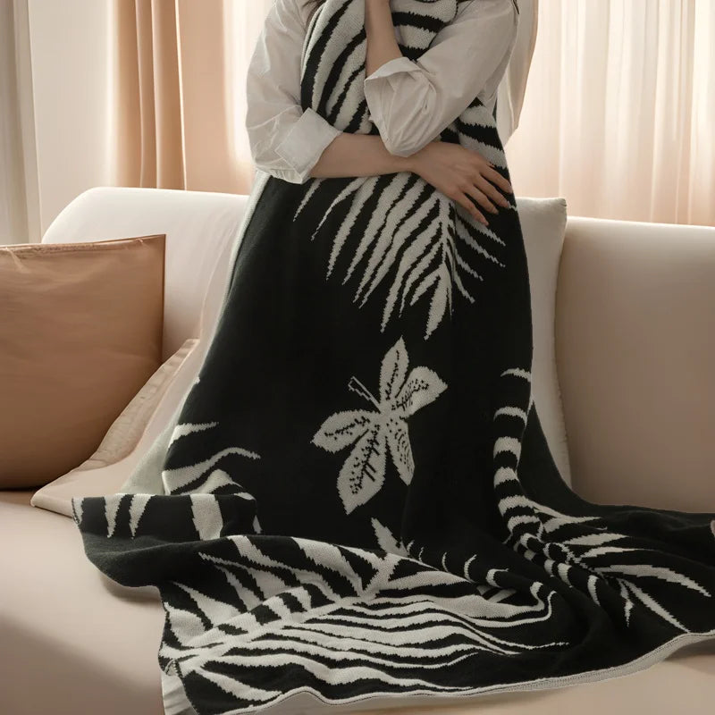 DecorBites™ Knitted Sofa Cover Blanket: Black & White Thin Quilt for Office Nap & Air Conditioning