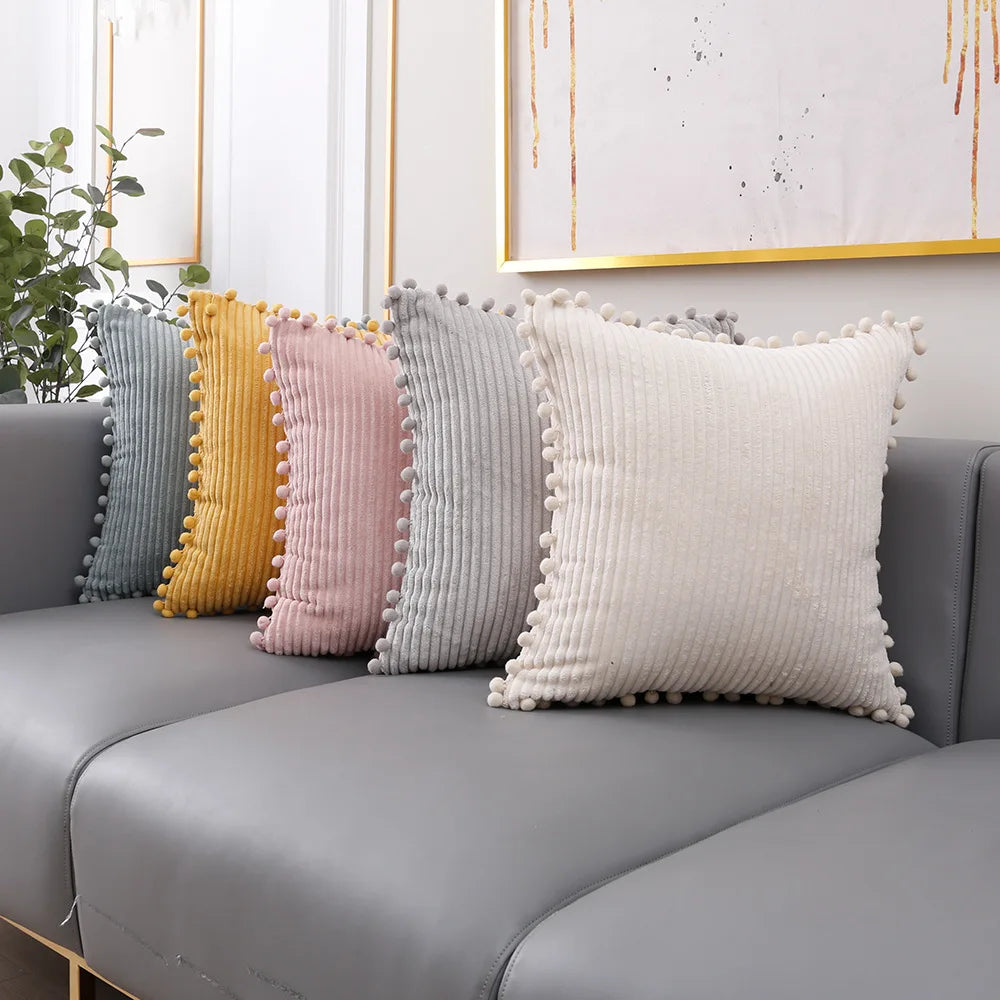 DecorBites™ Corduroy Pompom Cushion Cover 45x45 for Sofa Living Room