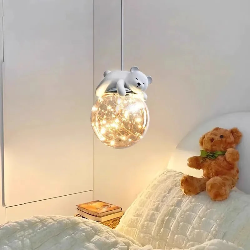 DecorBites™ Glass Children Room Chandelier: White Bear Bunny Lamp for Modern Baby Boy Girl Bedroom