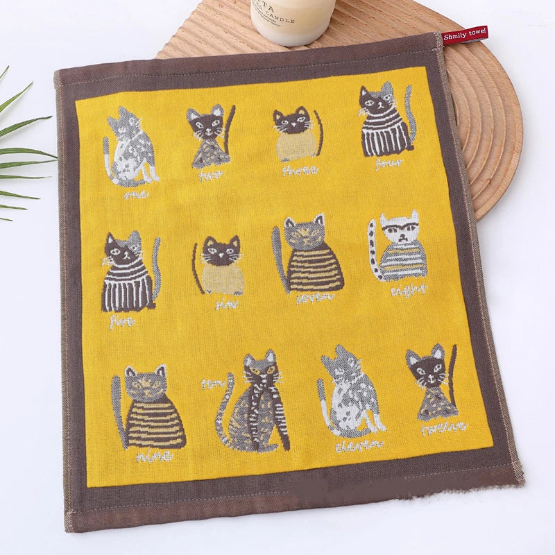 DecorBites™ Cat Gauze Hand Towels - Set of 4 | 100% Cotton, 35*40cm | Bathroom & Kitchen Essentials