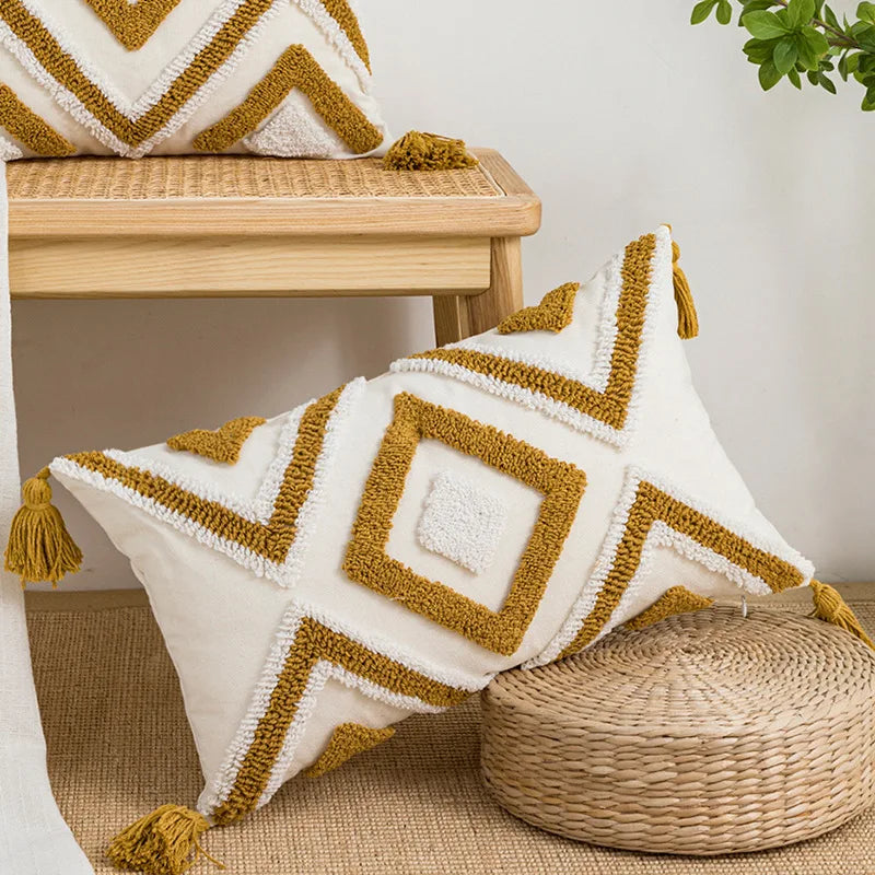 DecorBites™ Geometric Embroidery Cushion Cover with Tassel, Home Decor Pillowcase, Various Sizes