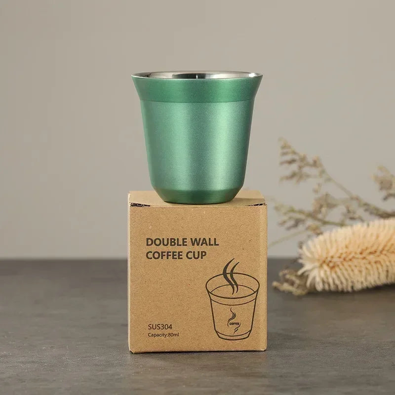 DecorBites™ Double Wall Espresso Mugs 80ml - Set of 2 Stainless Steel Heat Insulated Cups