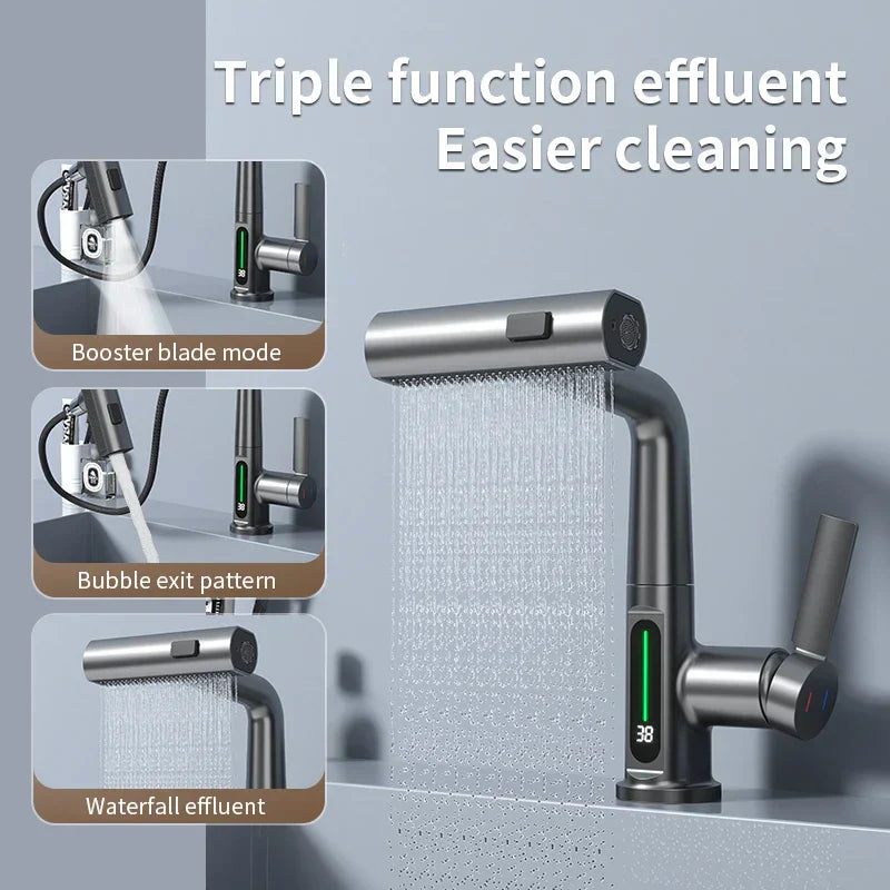 DecorBites™ Digital Display Basin Faucet with Stream Sprayer, Hot Cold Water Mixer