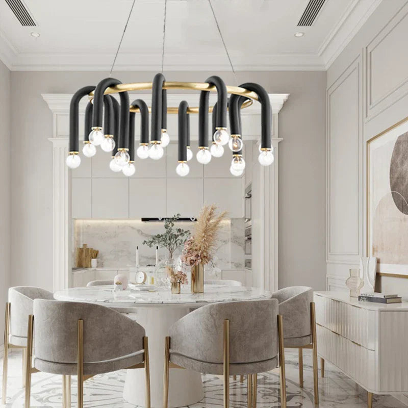 DecorBites™ Black U Shape Tube Gold Ring Chandelier for Foyer Dining Room Lighting