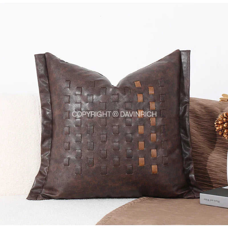 DecorBites™ Brighton Cross Stitch Faux Leather Cushion Cover 45x45cm Brown