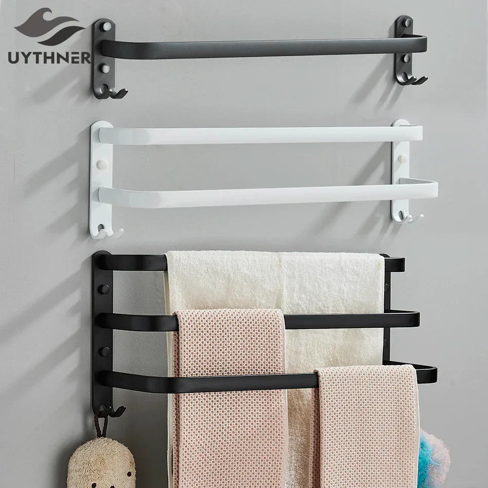 DecorBites™ Aluminum Bathroom Towel Rack with Hook, Wall Mounted Multiple Layer Cloth Hanger