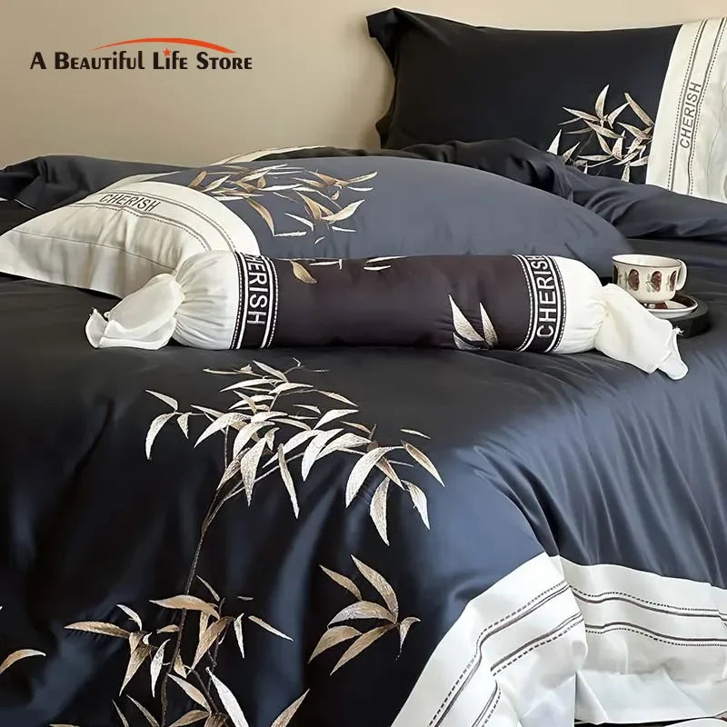 DecorBites™ Bamboo Embroidery 1000TC Egyptian Cotton Bedding Set in Luxury Dark Blue