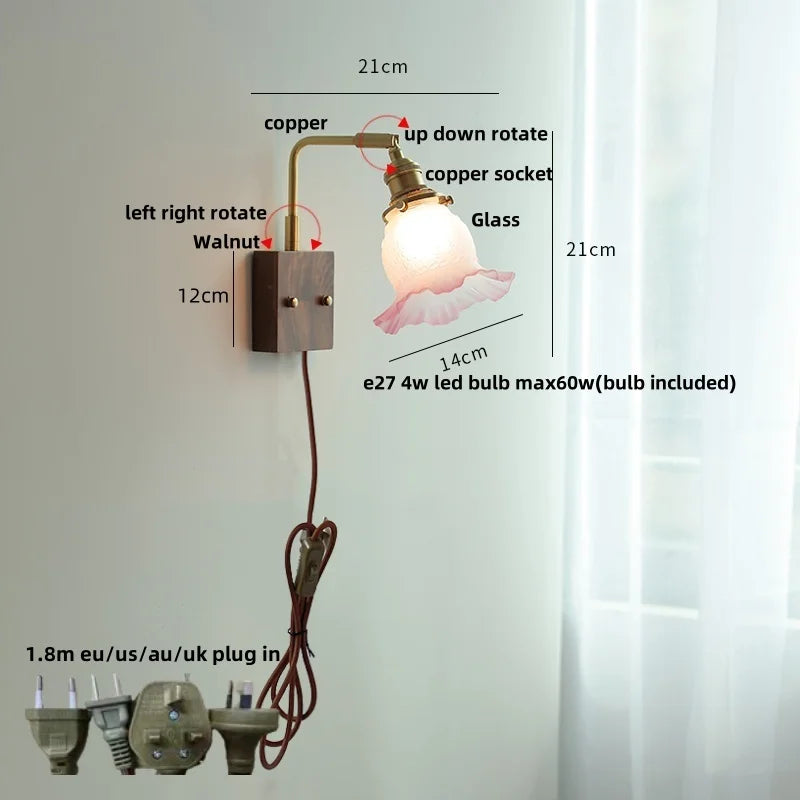 DecorBites™ Glass Pink LED Wall Sconce, Pull Chain Switch, Walnut Wood Bedside Lamp