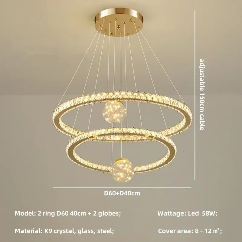 DecorBites™ Crystal LED Chandelier: Modern Living Room Pendant Lights, Glass Globe Hanging Lamp
