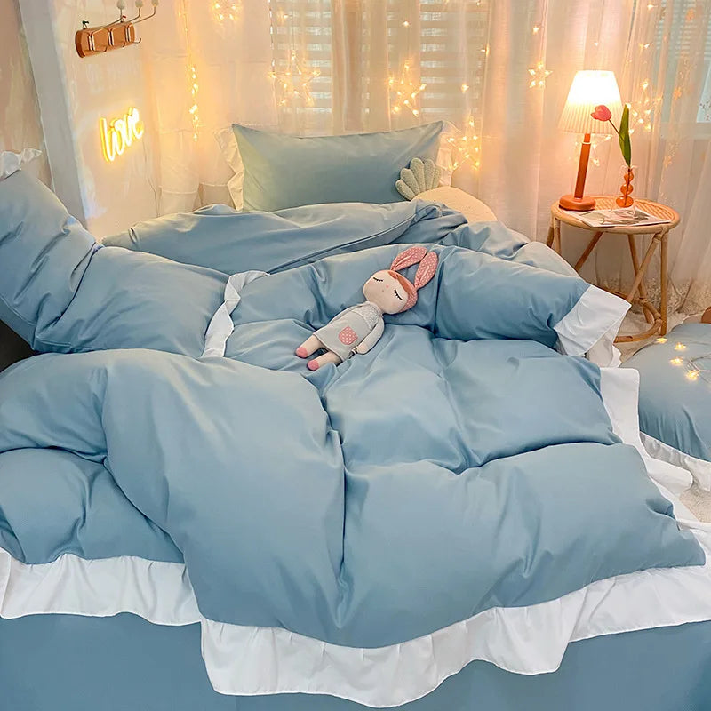 DecorBites™ Cotton Ruffle Edge Duvet Cover Set - Soft, Thick, Solid Color