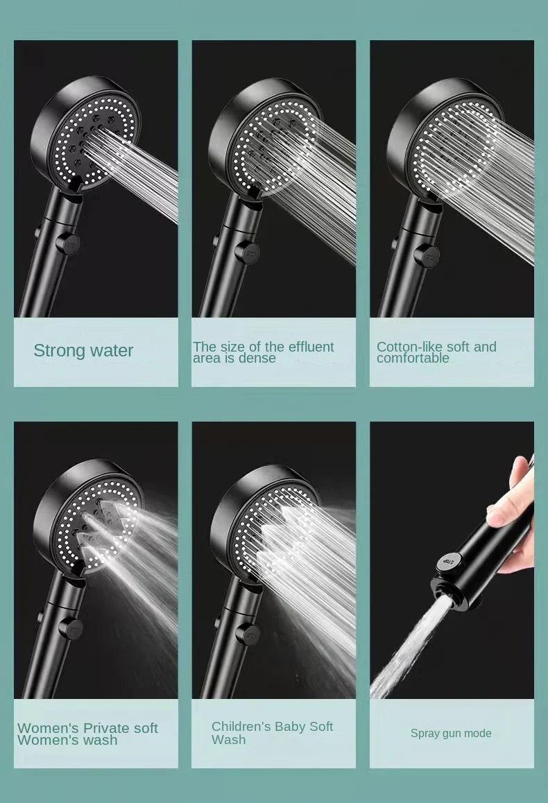 DecorBites™ Black Round Shower Head 6 Modes High Pressure Hand-held Knobs Water Stop