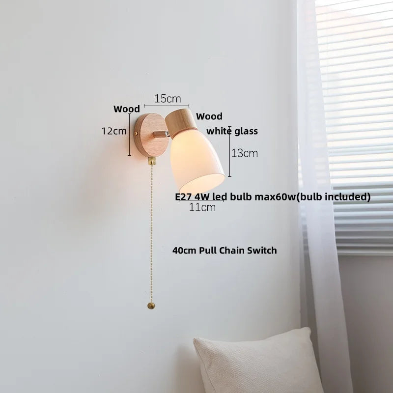 DecorBites™ Amber Glass LED Wall Sconce with Pull Chain Switch, Nordic Modern Wood Stair Light