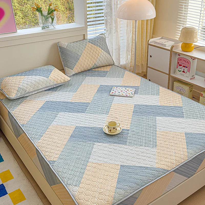 DecorBites™ Cool Silk Latex Fitted Sheet Set with Pillowcases, Summer Ice Silk, Single Double Bed