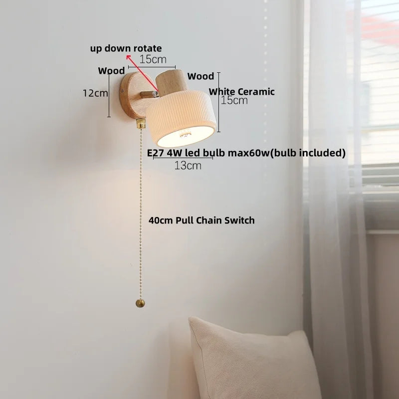 DecorBites™ Ceramic LED Wall Lights with Pull Chain Switch, Modern Wood Base Bedside Lamp
