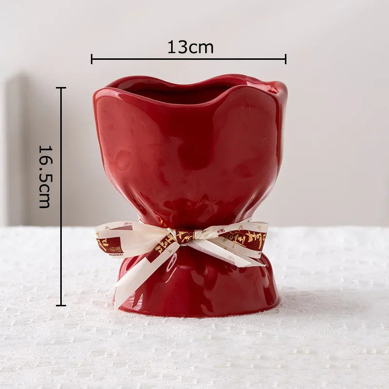 DecorBites™ Lovely Ribbon Ceramic Vase Set for Cute Room Aesthetic Decor