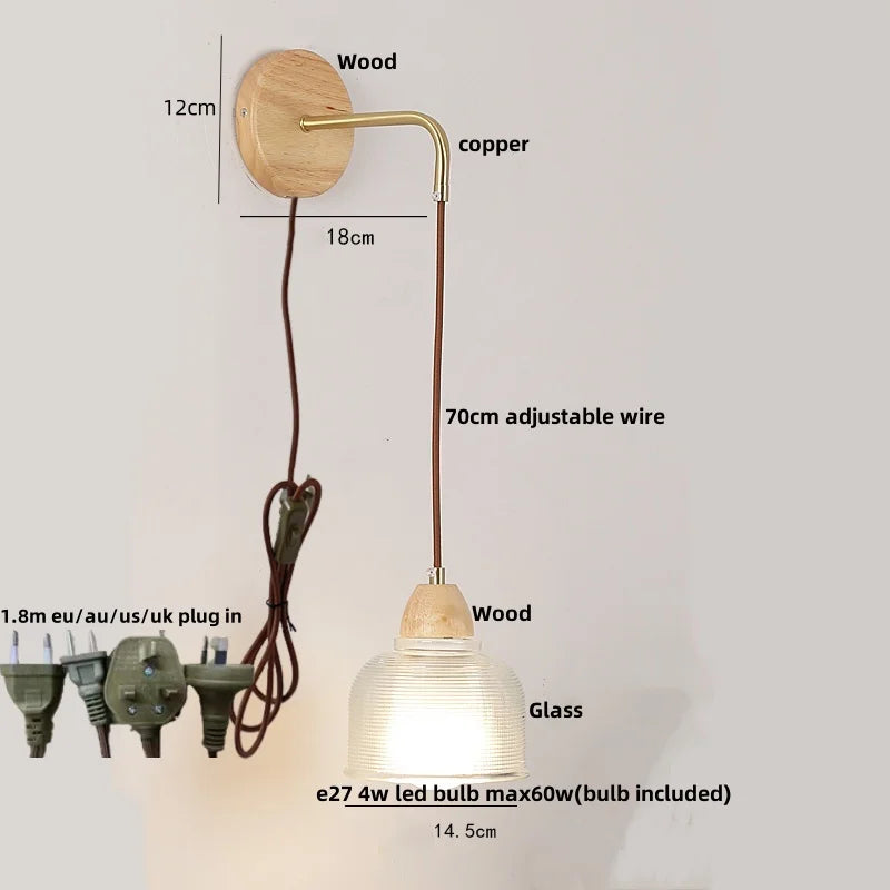 DecorBites™ Clear Glass LED Wall Lights with Wood Pull Chain Switch - Modern Copper Stair Light