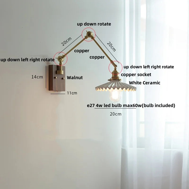 DecorBites™ Ceramic Ball Brass Walnut Wood Wall Light with Pull Chain Switch