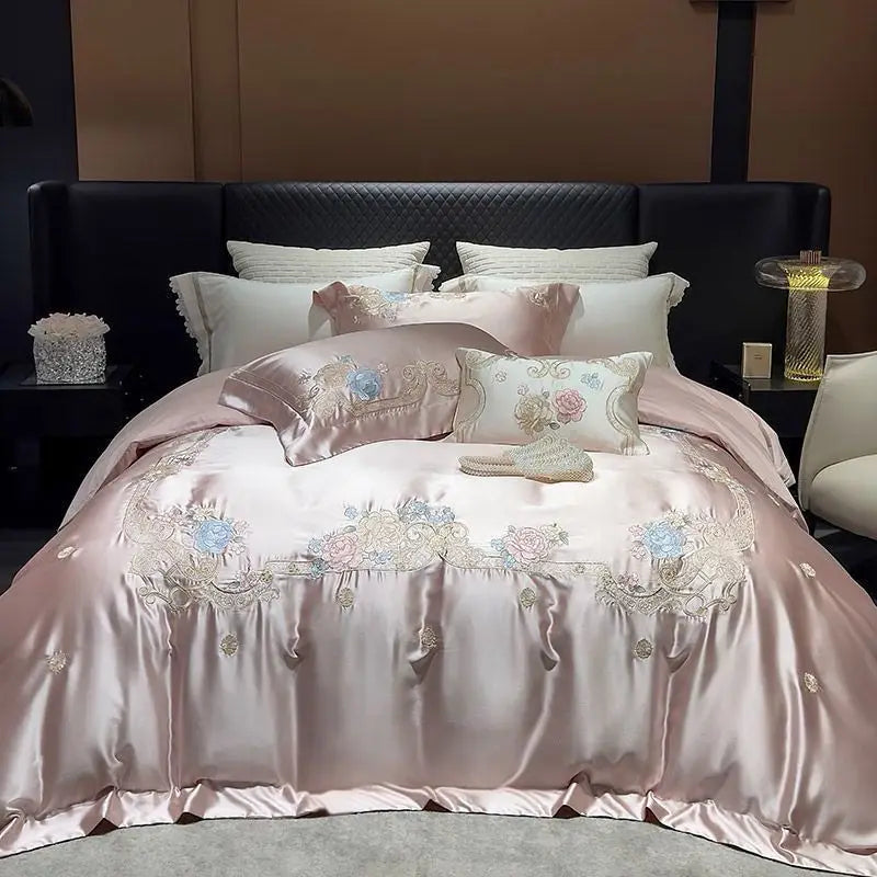 DecorBites™ Luxe Brocade Cotton Flowers Embroidery Bedding Set Cream/Champagne Patchwork