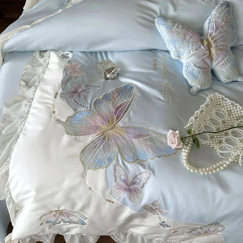 DecorBites™ Butterfly Embroidery Lace Ruffles Bedding Set 100S Egyptian Cotton Duvet Cover