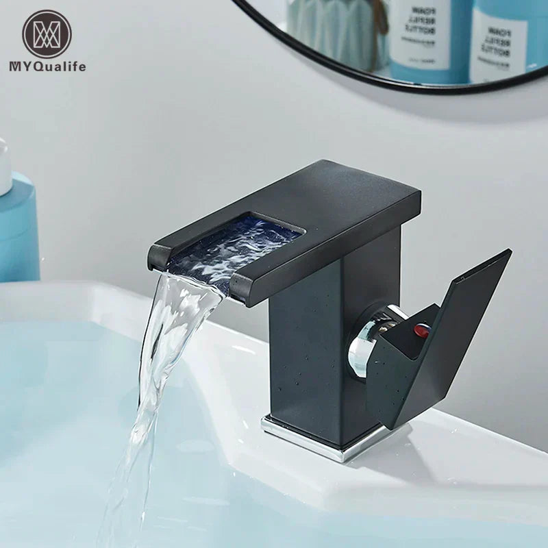 DecorBites™ Black LED Waterfall Bathroom Faucet, Deck Mounted, Three Color Change