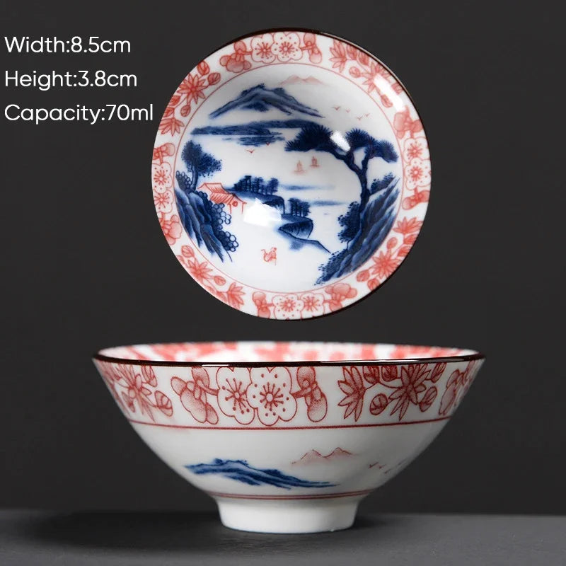 DecorBites™ Blue & White Ceramic Kung Fu Tea Cup - Japanese Style Porcelain Sake Cups