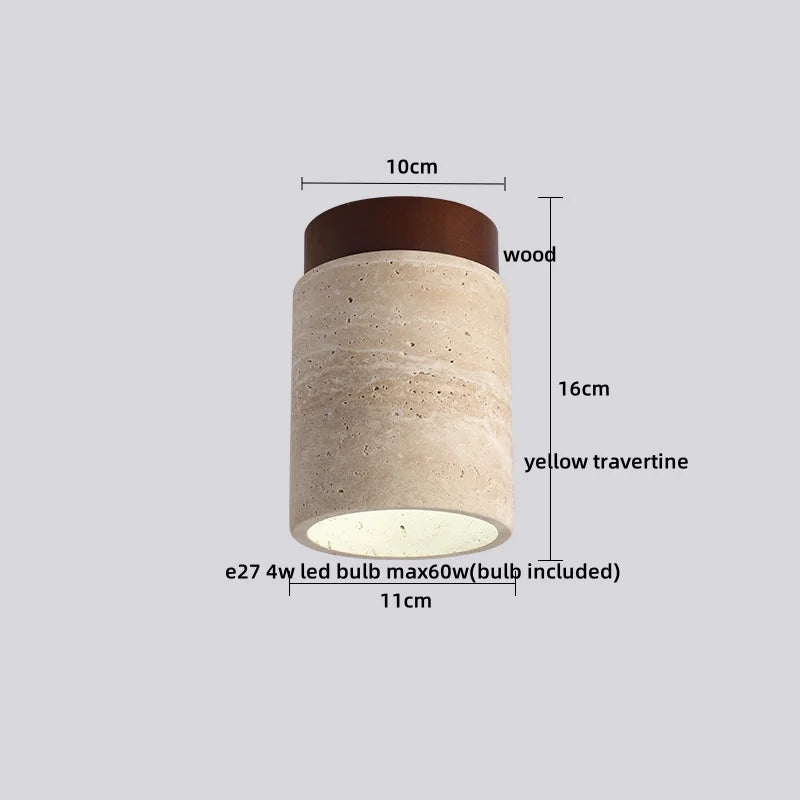DecorBites™ Japan Style LED Ceiling Light Yellow Travertine Stone Wood Base Bedroom Luminaire.