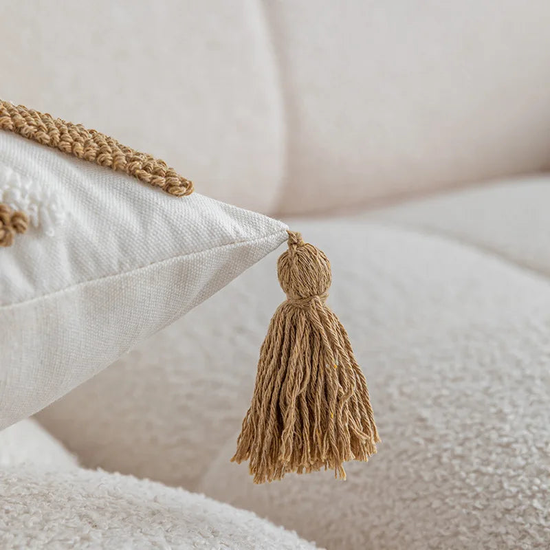 DecorBites™ Geometric Cotton Embroidered Pillow Case with Tufted Fringe, Decorative Sofa Cushion Cover