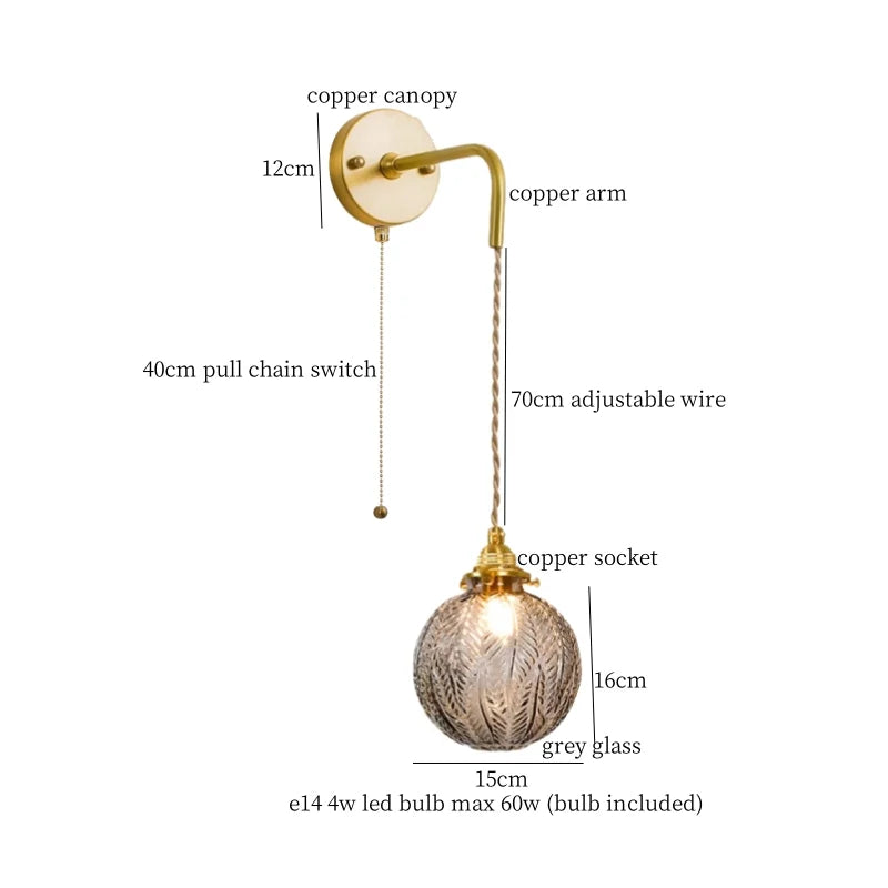 DecorBites™ Grey Glass LED Wall Lamp Bedroom Living Room Loft Modern Copper Wandlamp