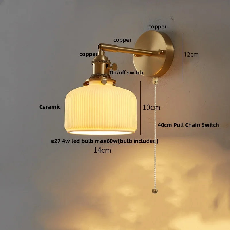 DecorBites™ Ceramic LED Wall Sconce with Walnut Wood Pull Chain Switch - Nordic Style