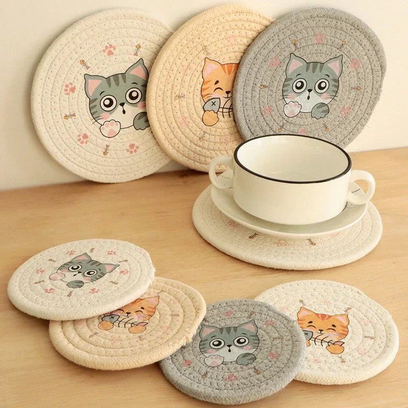 DecorBites™ Cat Print Round Woven Coaster Cup Mat Table Heat Insulation Pad