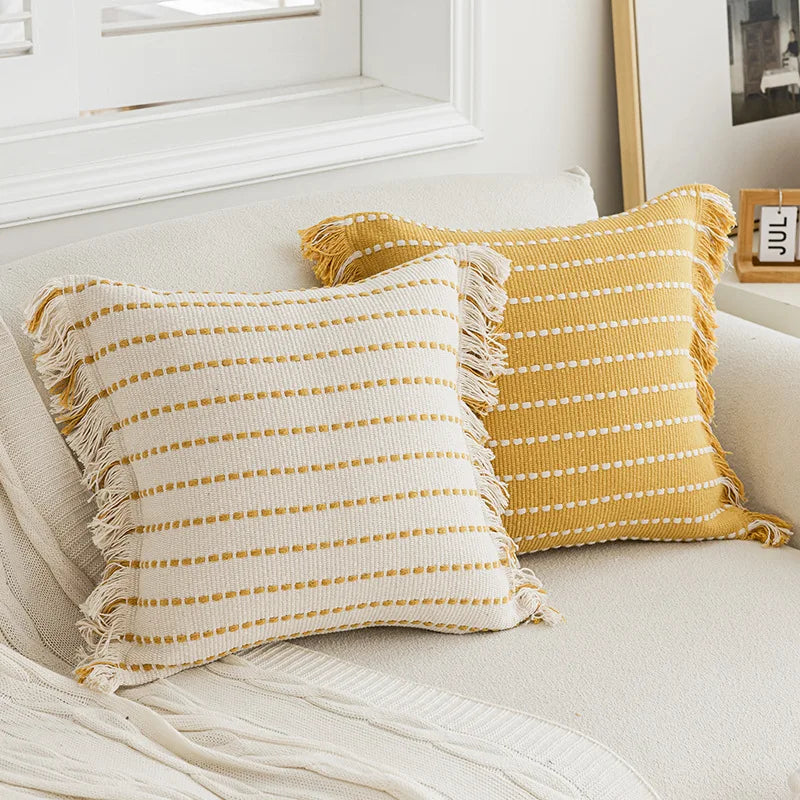 DecorBites™ Geometric Tufted Cushion Cover with Crochet Tassels - Nordic Yellow Striped Pillow Cover