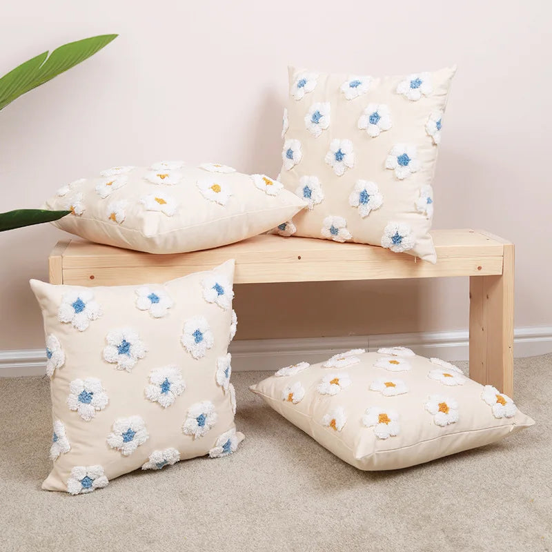 DecorBites™ Daisy Flora Embroidered Cushion Cover - Home Decor Yellow Blue Flowers