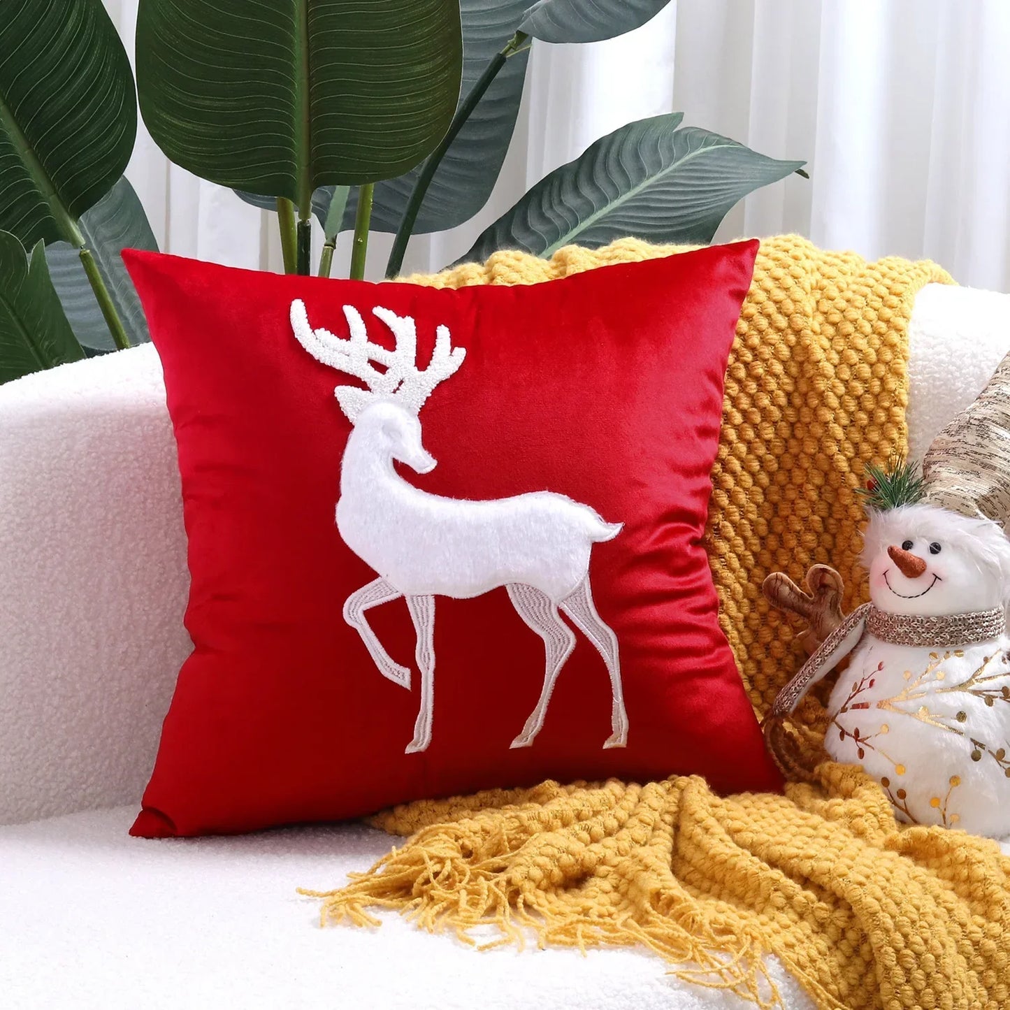 DecorBites™ Christmas Elk Embroidered Pillow Cover 45x45cm Festive Decorative Cushion
