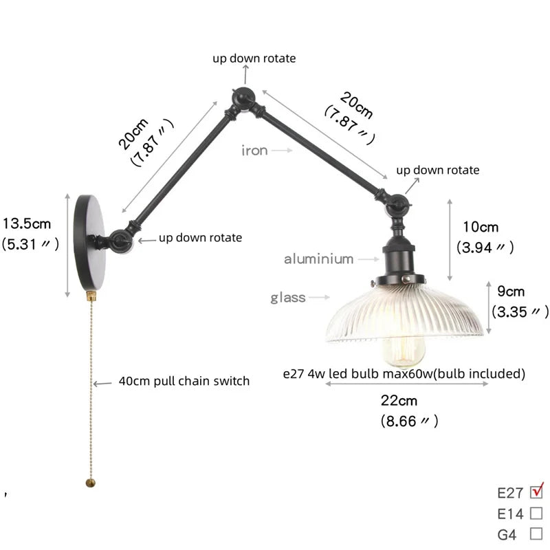 DecorBites™ Clear Glass Swing Arm Wall Light Fixture for Dining Living Room Cafe