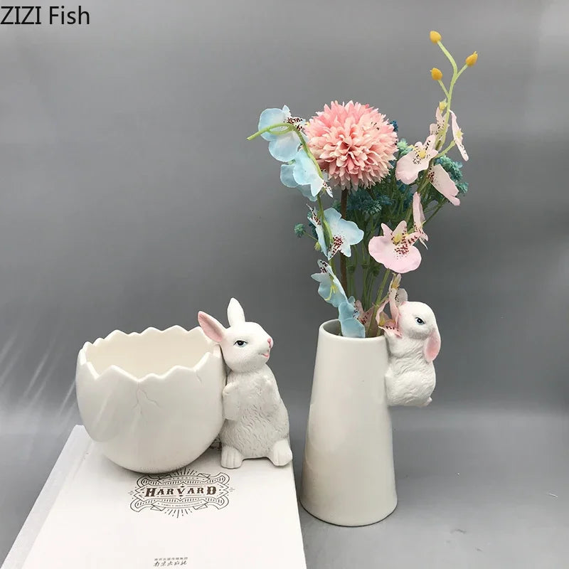 DecorBites™ Lovely Rabbit Ceramic Vase Pot for Floral Arrangement, Table Decor & Aesthetic Room Appeal