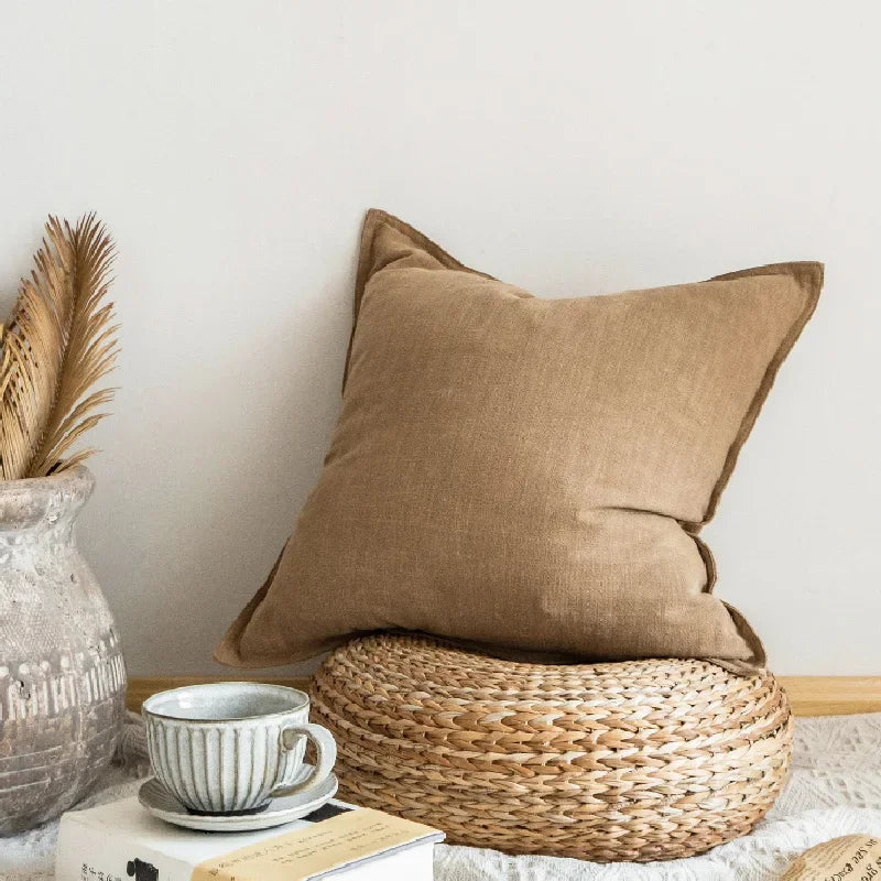 DecorBites™ Linen Pillow Cover 45x45cm with Fringe in Ivory/Dark Grey/Coffee for Home Decor