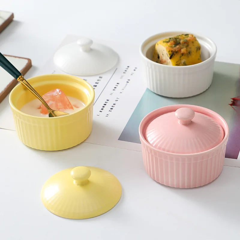 DecorBites™ Ceramic Dessert Bowl with Cover, Small Porcelain Soup Bowl, Cake Baking Mold