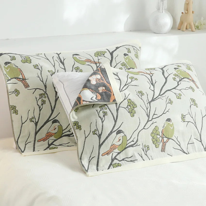 DecorBites™ Japanese Cotton Single Bedspread with Pillow Towel - Floral Birds Design