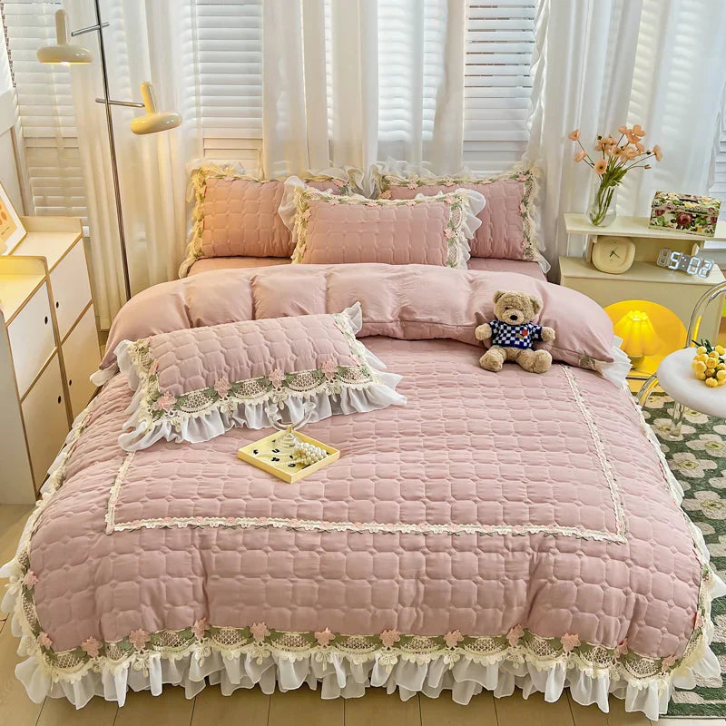 DecorBites™ Korean Princess Bedding Set: Flowers, Lace, Ruffles, Embroidery, Quilted, Duvet Cover, Bedspread