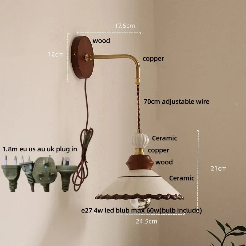 DecorBites™ Ceramic LED Wall Light Copper Pull Chain Wood Base Modern Bedside Lamp