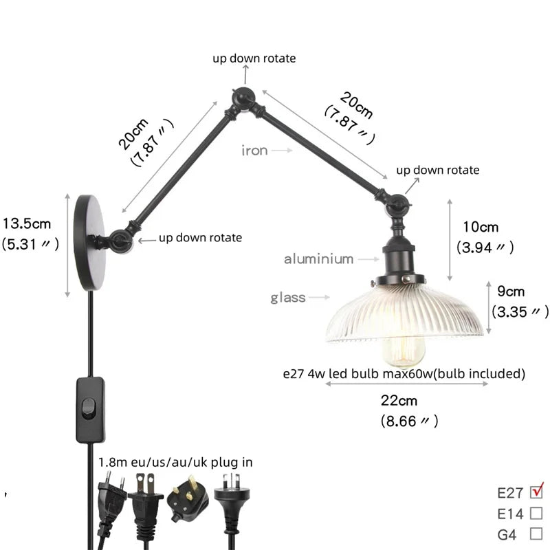 DecorBites™ Clear Glass Swing Arm Wall Light Fixture for Dining Living Room Cafe