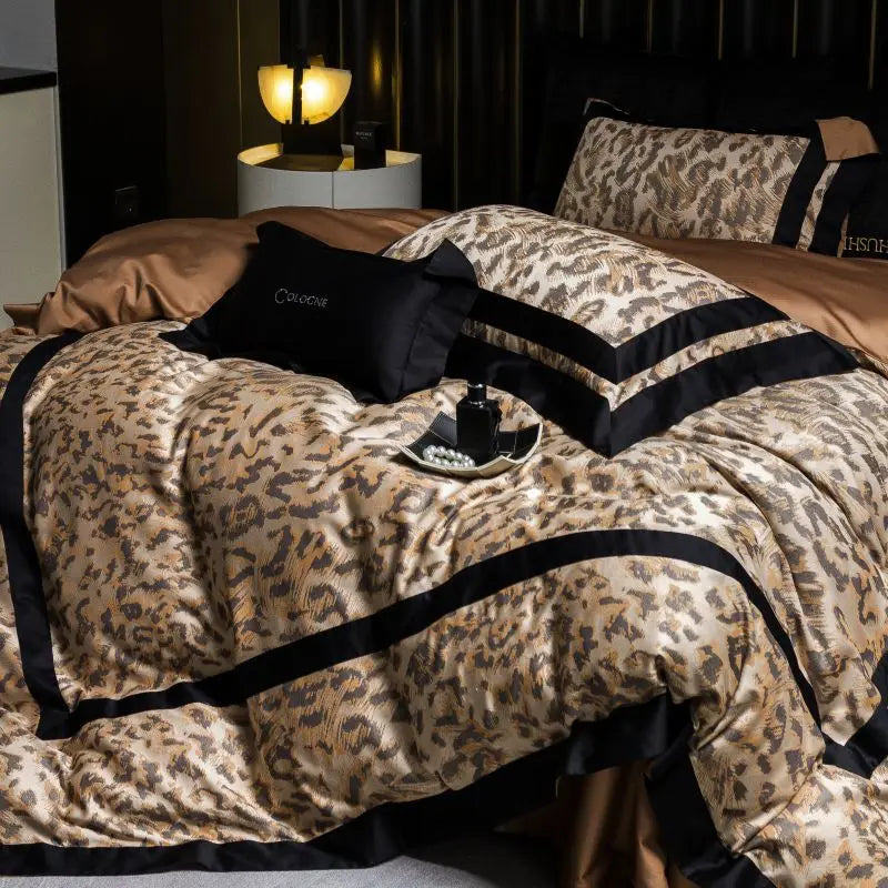 DecorBites™ Leopard Jacquard 1000TC Lyocell Cotton Bedding Set: Duvet, Sheet, Pillowcases