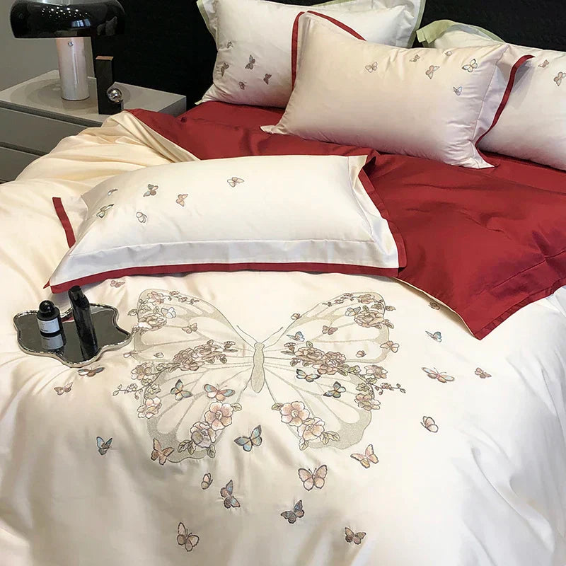 DecorBites™ Butterfly Flowers Embroidery Wedding Bedding Set 1000TC Egyptian Cotton Duvet Cover