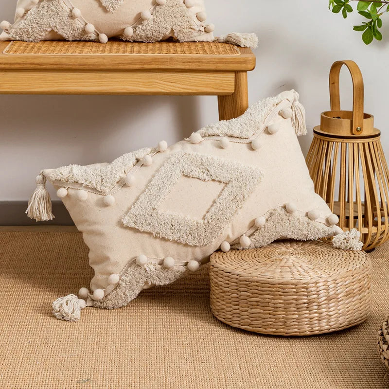 DecorBites™ Boho Tufted Embroidered Cotton Canvas Cushion Cover Grey Beige Tassel Pillowcase