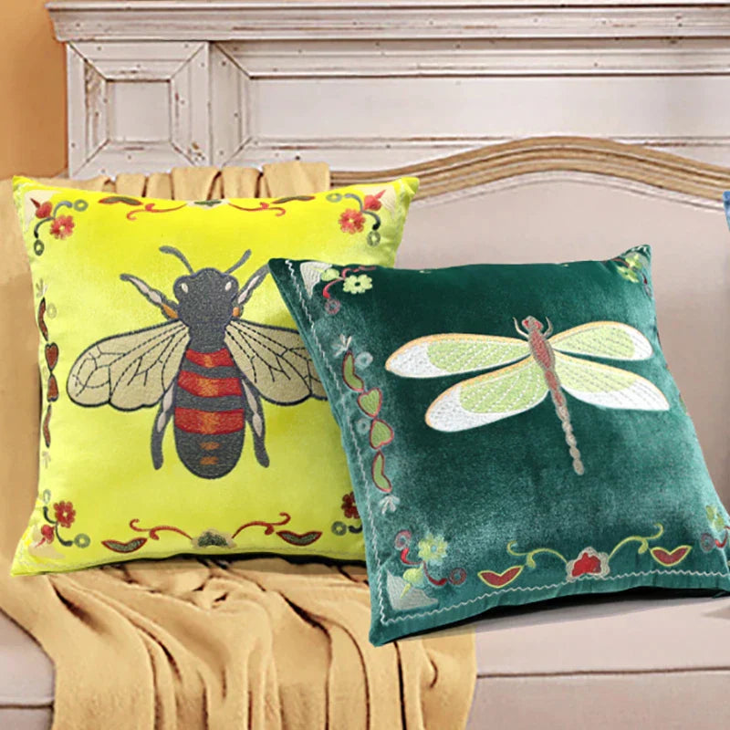 DecorBites™ Bee Embroidery Cushion Cover - Exquisite Animal Design for Sofa Decor