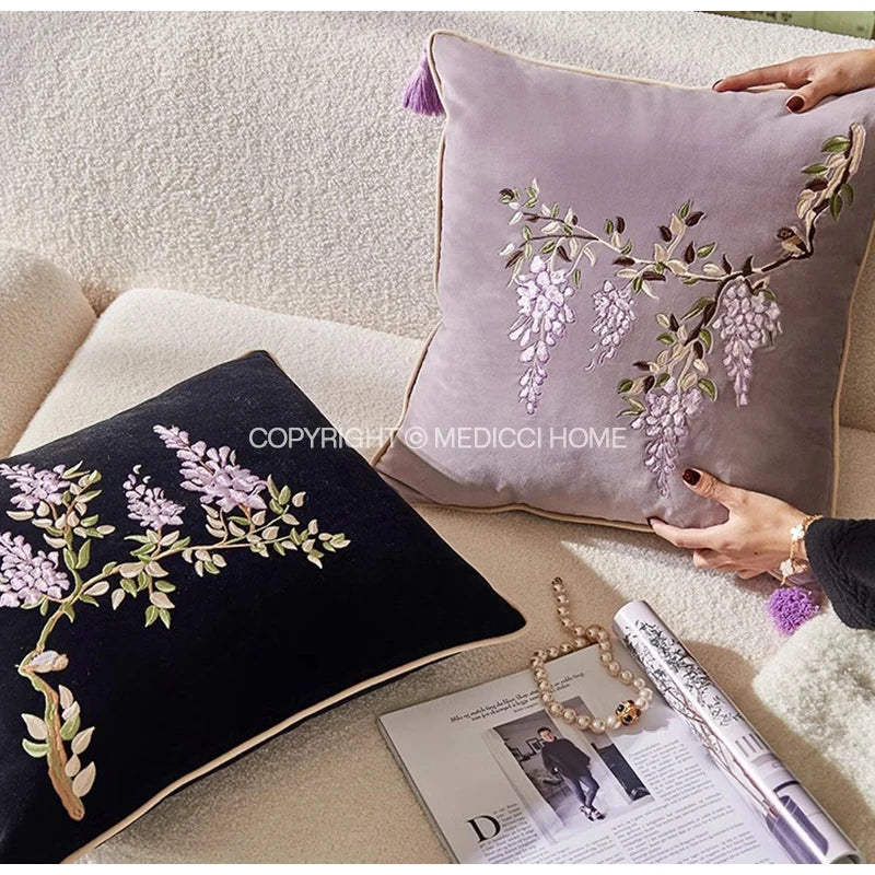 DecorBites™ Botanical Wisteria Embroidered Cushion Cover with Tassel