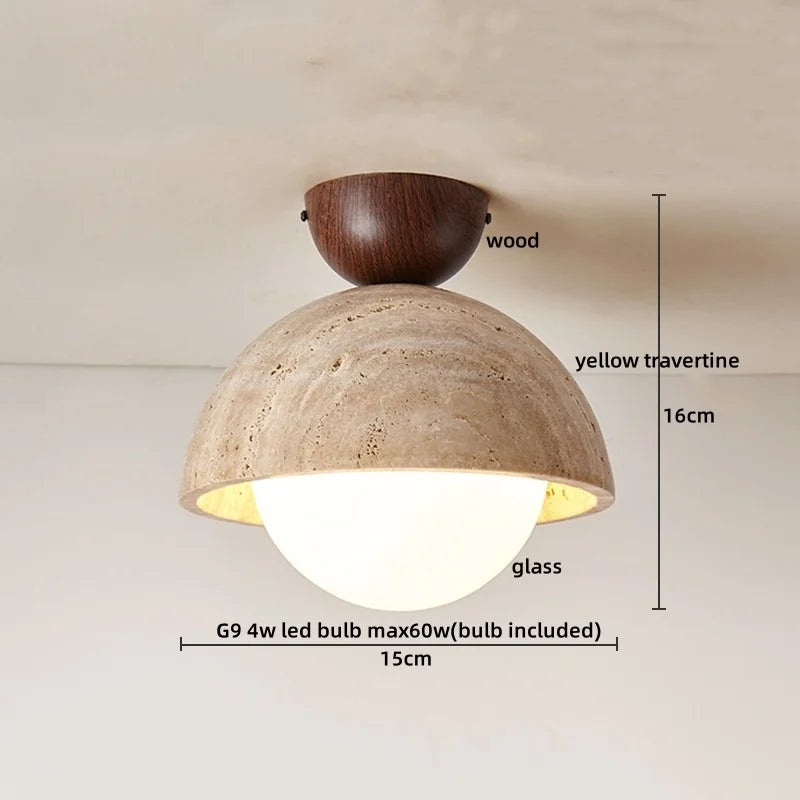 DecorBites™ Acrylic LED Ceiling Lamp Yellow Travertine Wood Canopy Wabi Sabi Style
