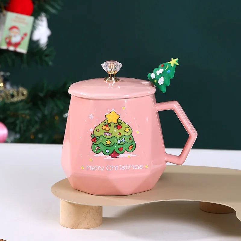DecorBites™ Christmas Ceramic Mug Set with Lid, Spoon - Festive Santa Claus & Elk Design